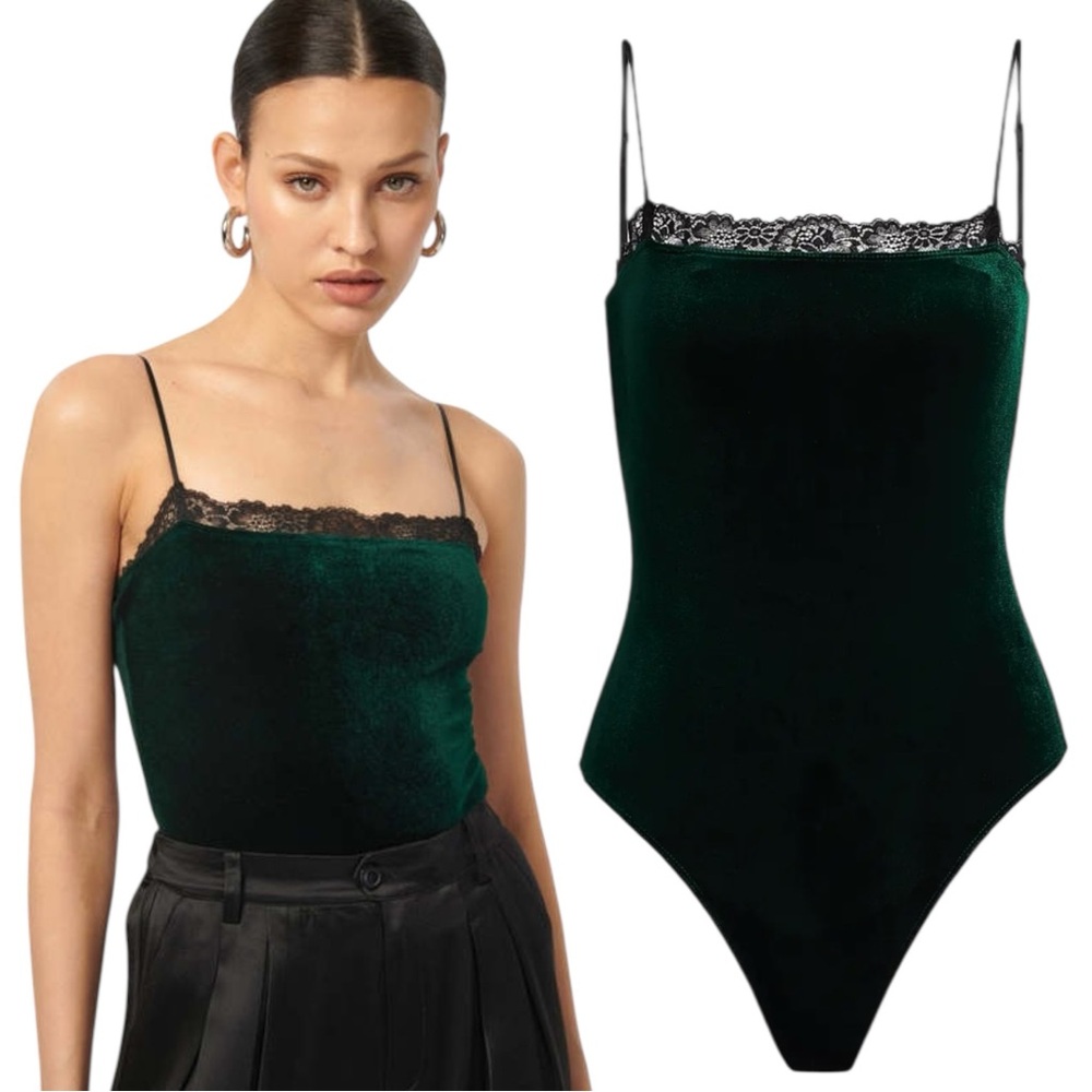 Cami NYC Aileen Lace Trim Velvet Holly Emerald Bodysuit Deep Green NEW Medium